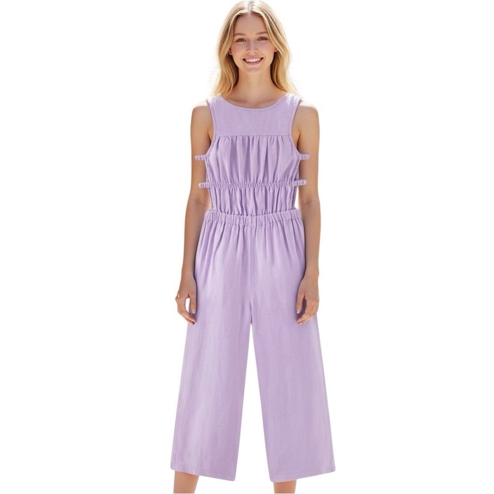 ZARA 100% Linen Lavender Sleeveless Side Cutouts Wide-Leg Jumpsuit Size 13-14